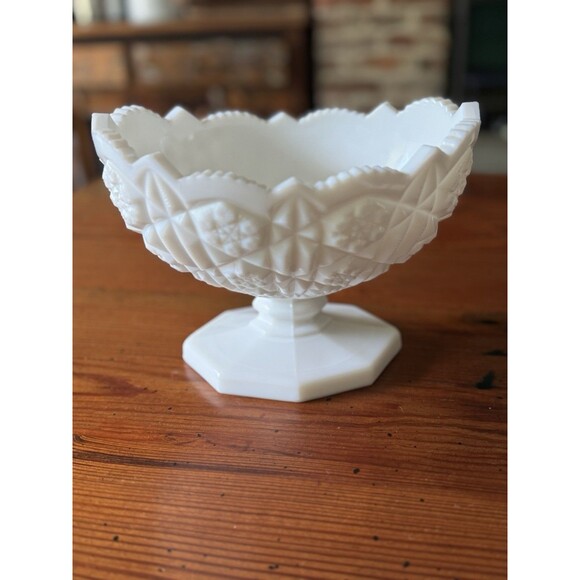 Vintage Kemple Toltec Pattern Milk Glass Oval Pedestal Scalloped Edge Bowl Wowza - Picture 2 of 11
